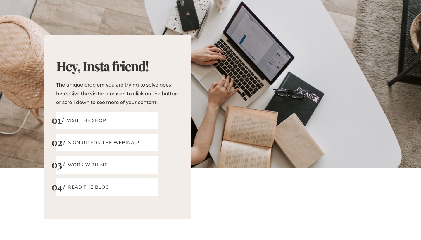 A stylish instagram links landing page designed by Iglika.