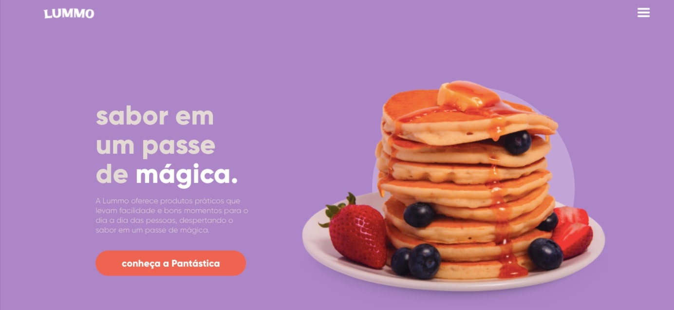 An image of the Lummo website home page, featuring a stack of pancakes.