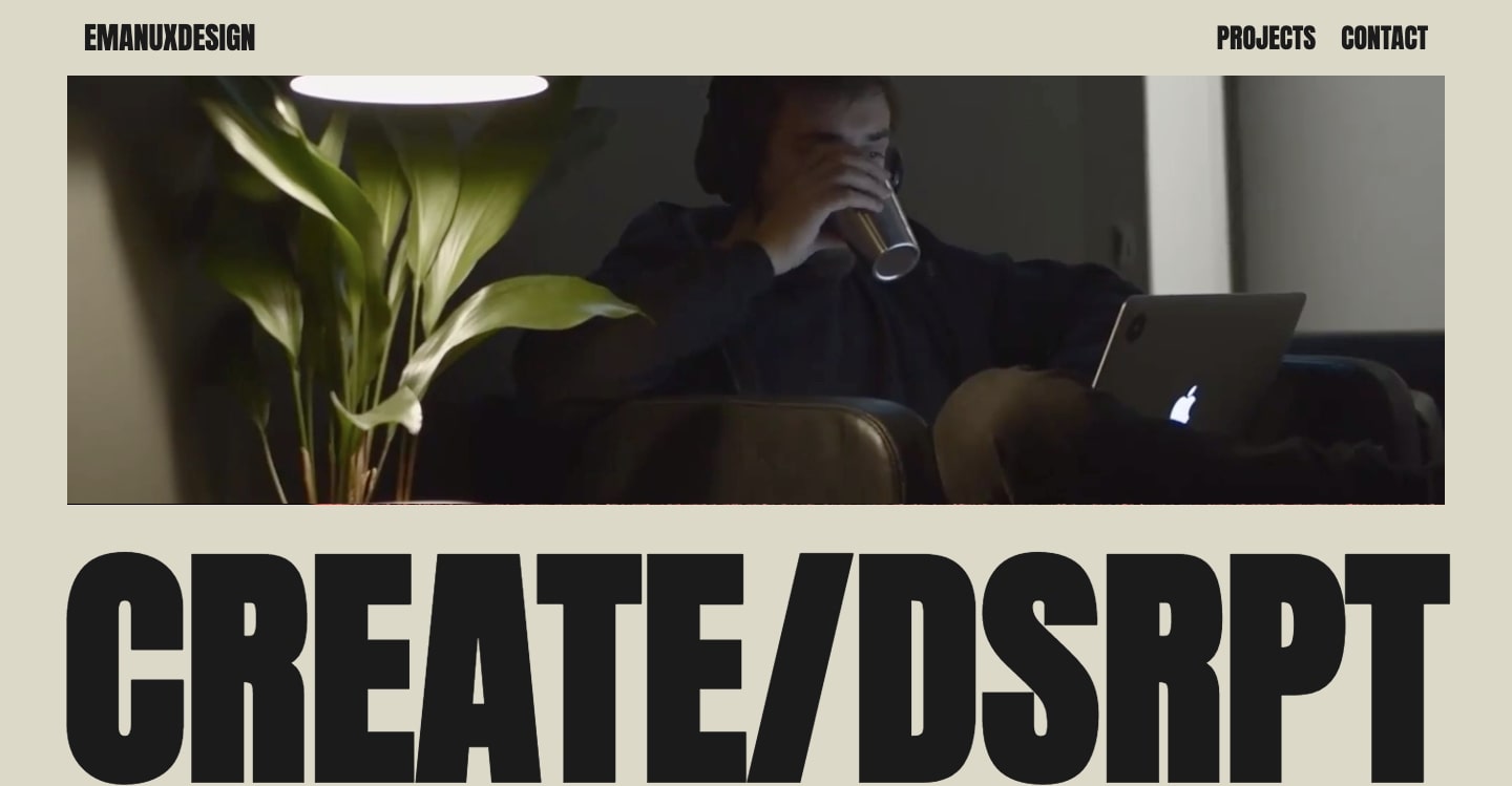 Screenshot of Create/Disrupt studio showing a person sitting on a couch with a mac laptop