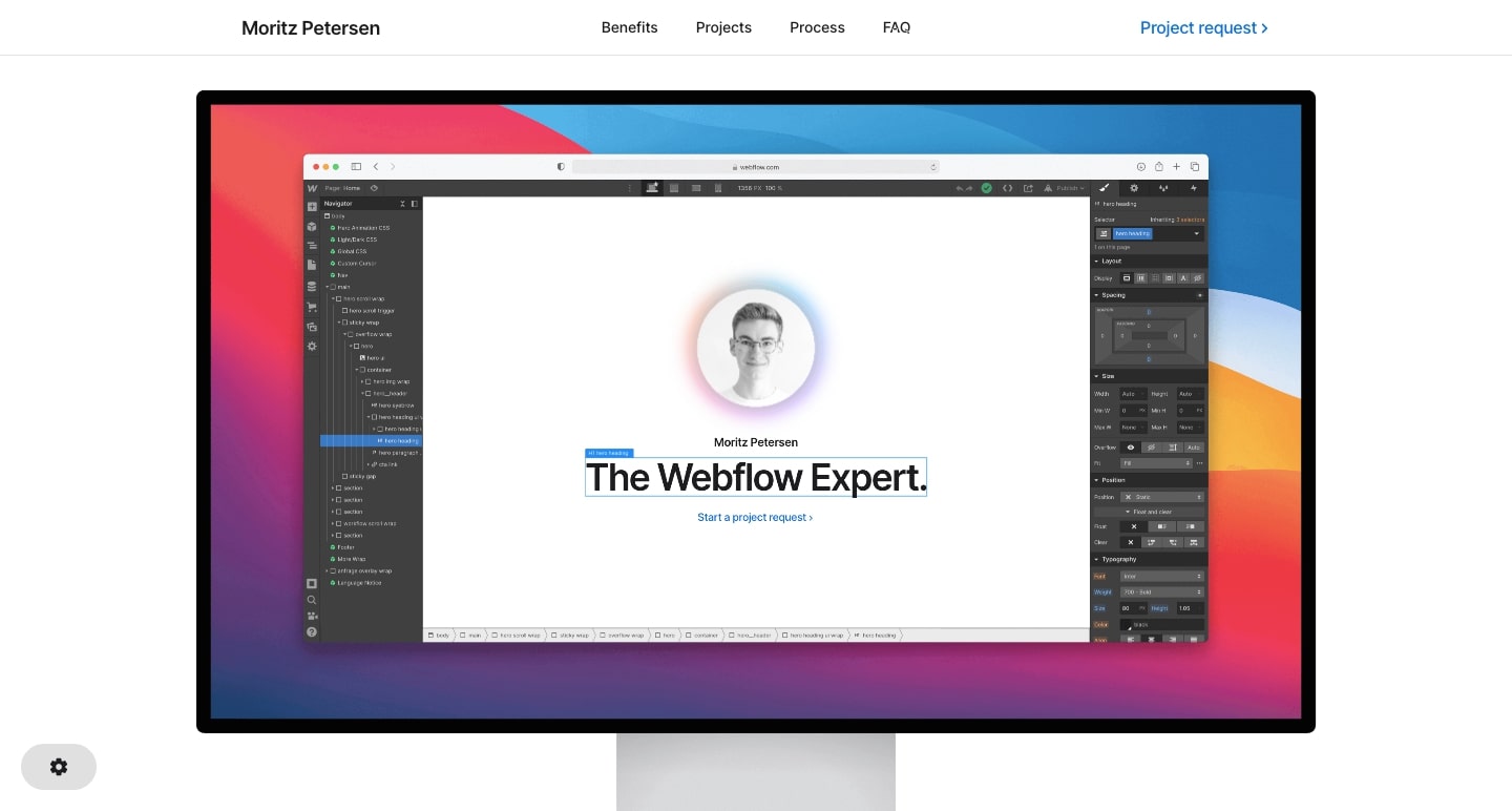 Screenshot of Moriz Peterson homepage, shows Moriz's website inside of the Webflow Designeri