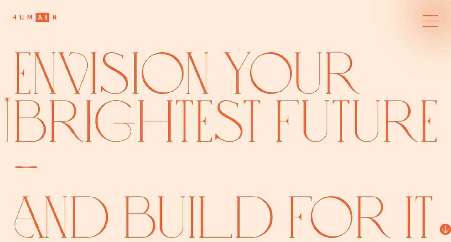 Screenshot of Humain homepage with text "envision your brightest future — and build for it"