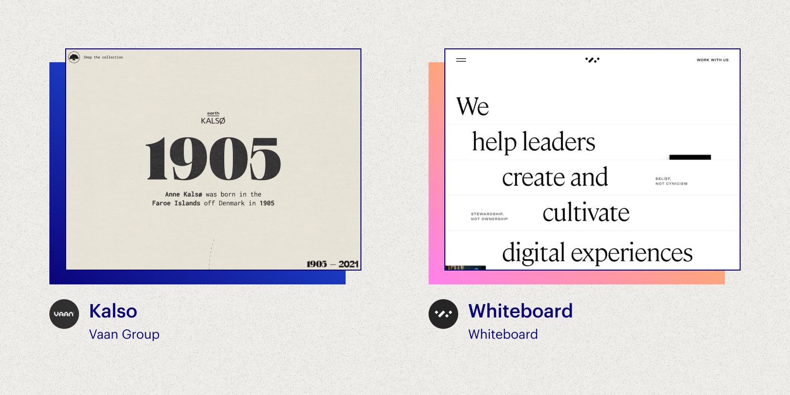 An image of the two winners in the Excellent Aesthetics category for the Webflow Partner awards. The winners are Kalso and Whiteboard.