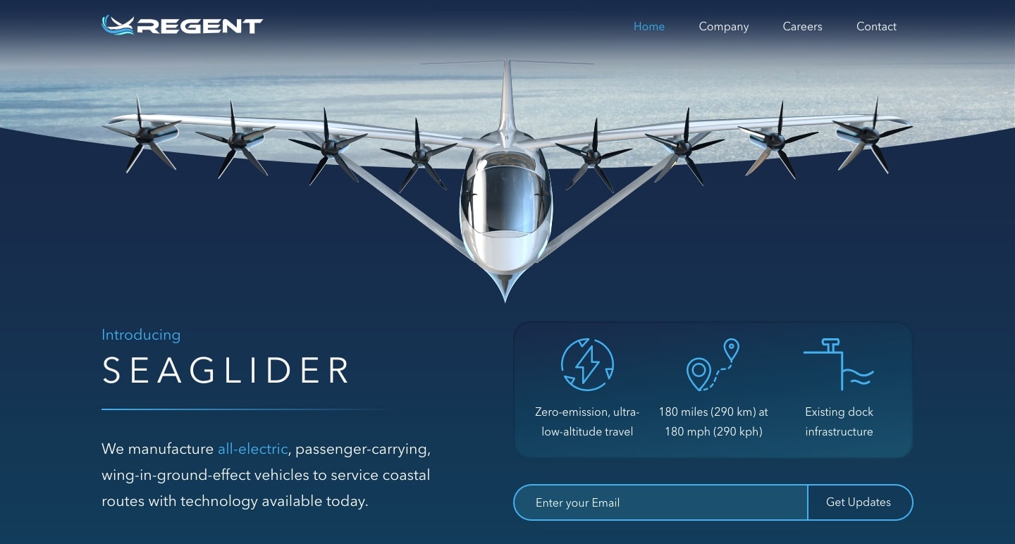 An image of the Regent Craft home page. It showcases their Seaglider aircraft.