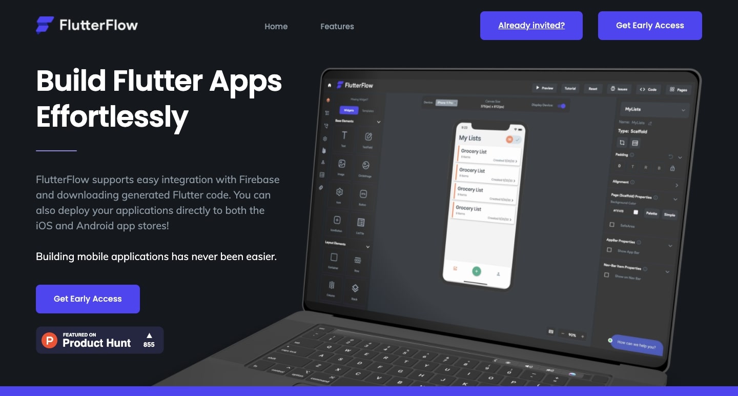 An image of FlutterFlow's home page.