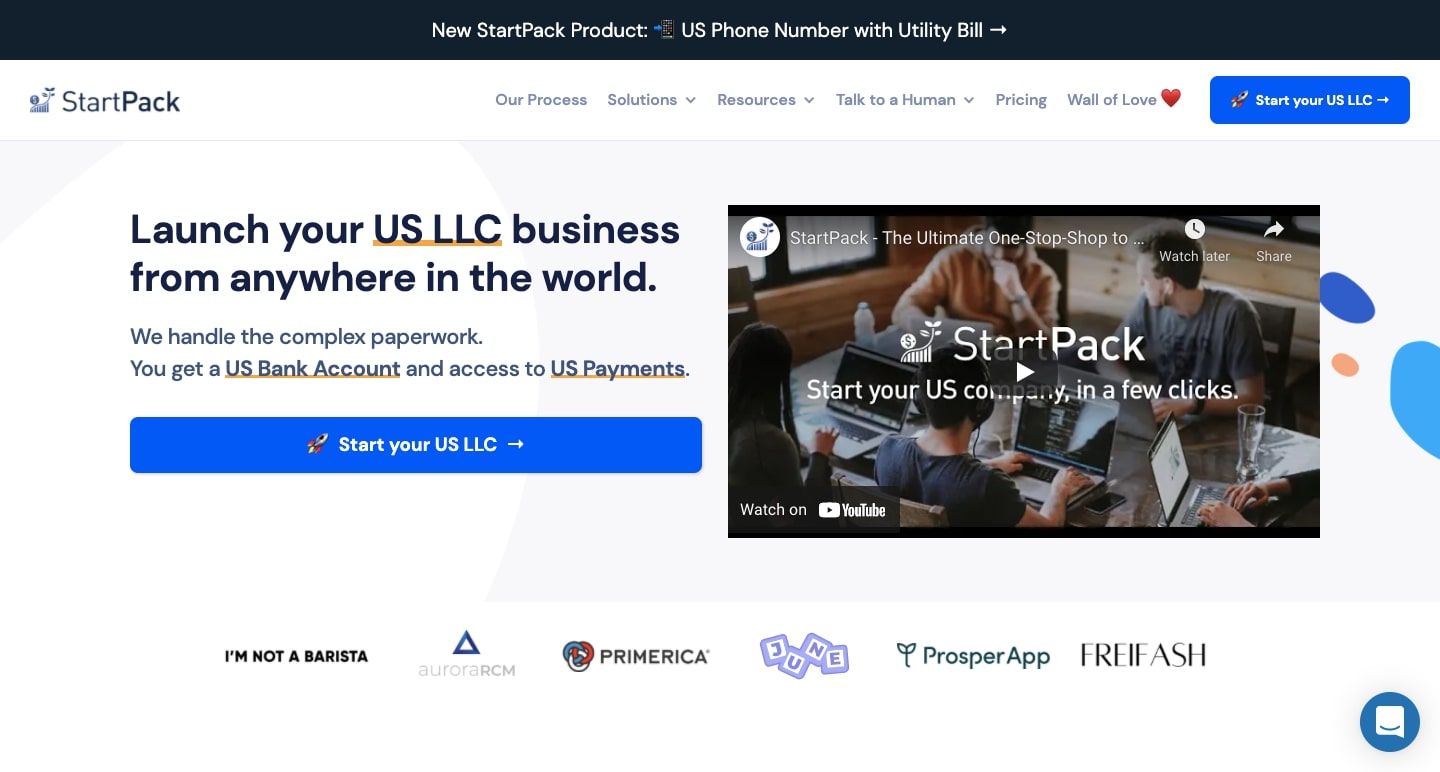 An image of StartPack's home page.