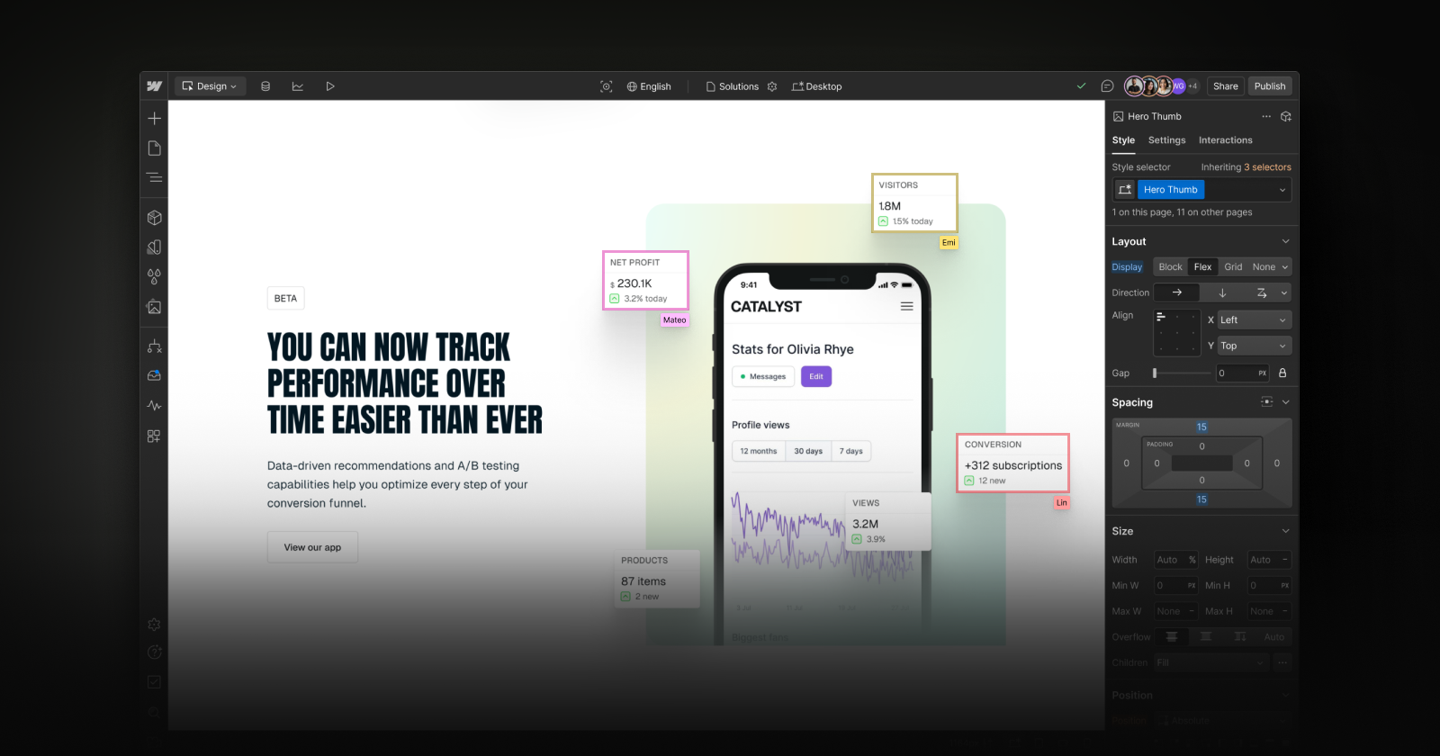 Multiple designers and developers working on a page simultaneously in the Webflow Designer