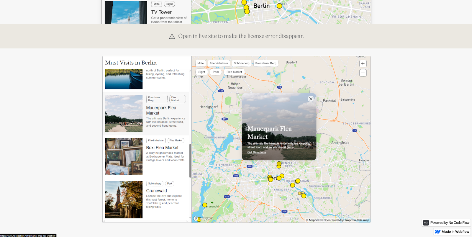 An interactive map of Berlin has nodes for several landmarks near the city center.