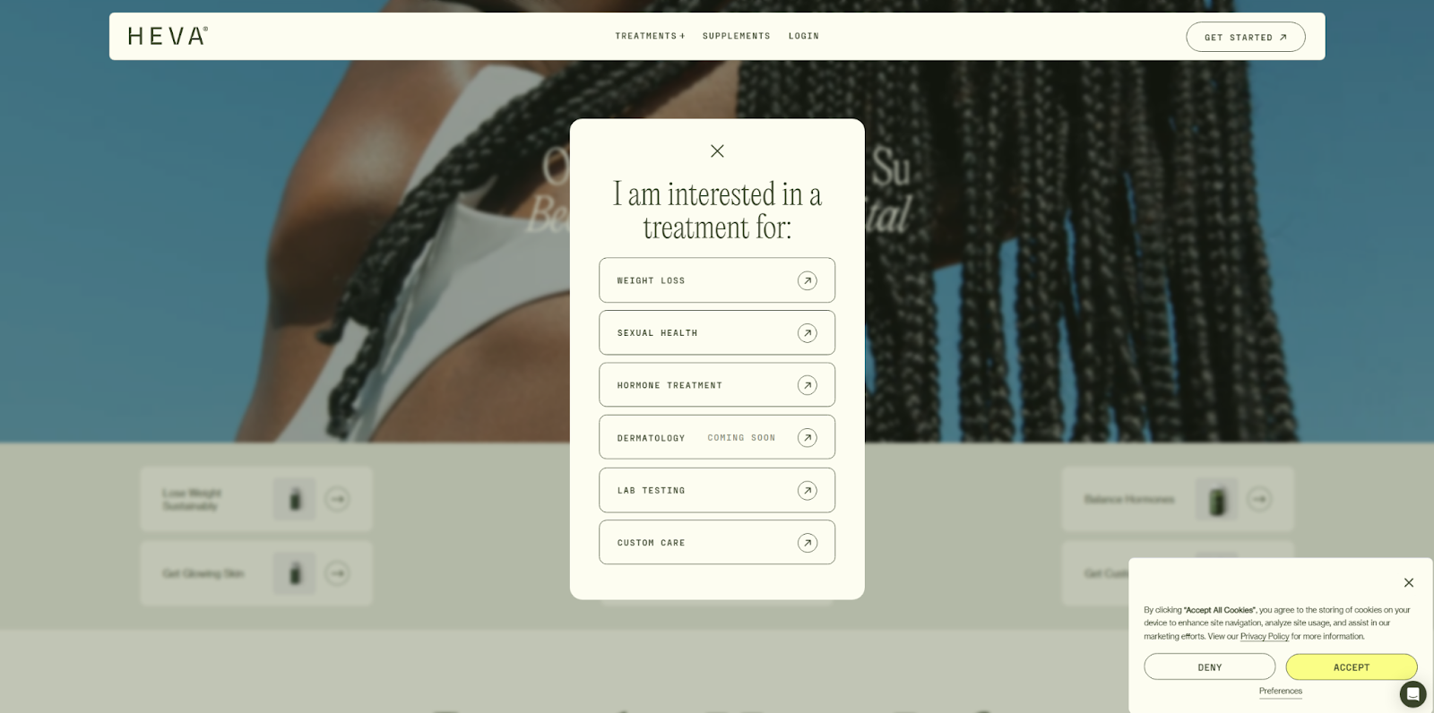 The Heva Health site offers a brief survey that asks what visitors are interested in seeing.