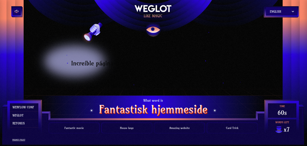A screenshot of the Weglot Like Magic! game, with “Fantastisk hjemmeside” as the word being guessed. 