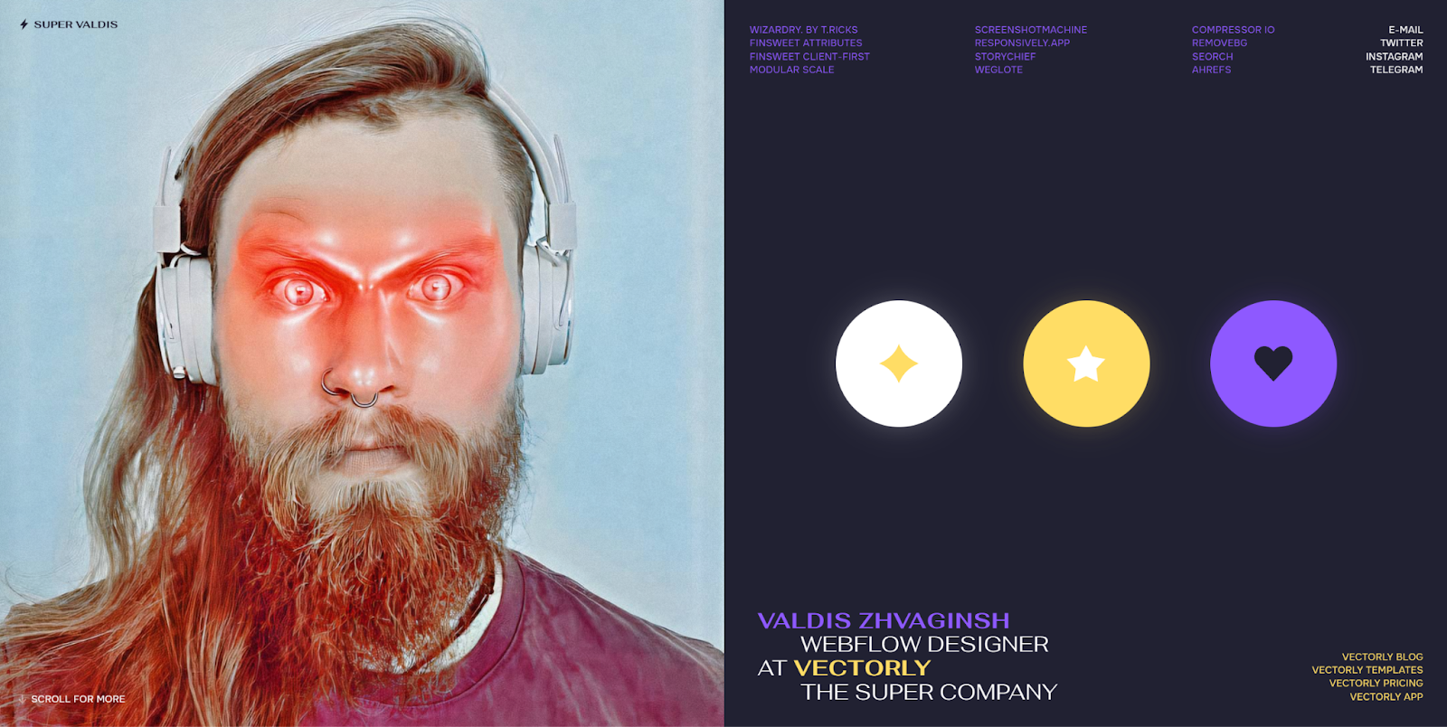 The Super Valdis website shows a picture of the designer with red eyes and an angry scowl.