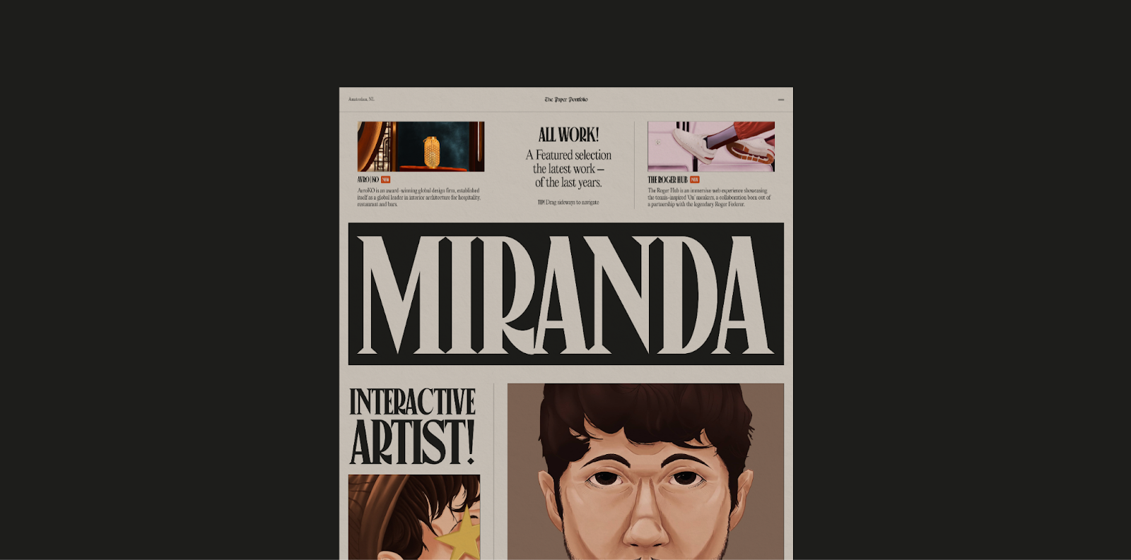 Niccolò Miranda’s portfolio website resembles a newspaper called Miranda that starts with the headline, “Interactive Artist!”