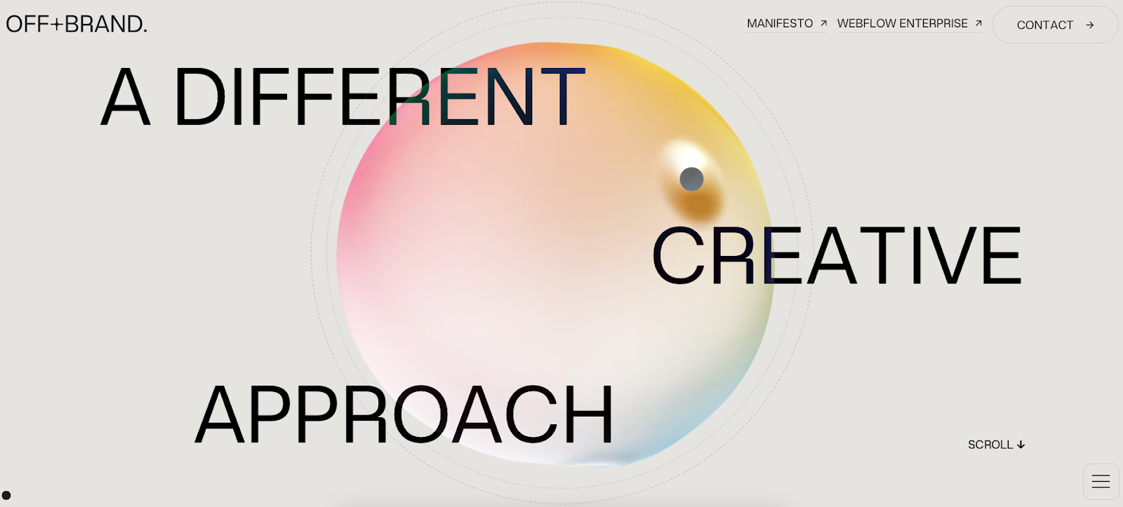 The OFF+BRAND website features a colorful orb behind the words, “A different creative approach.”
