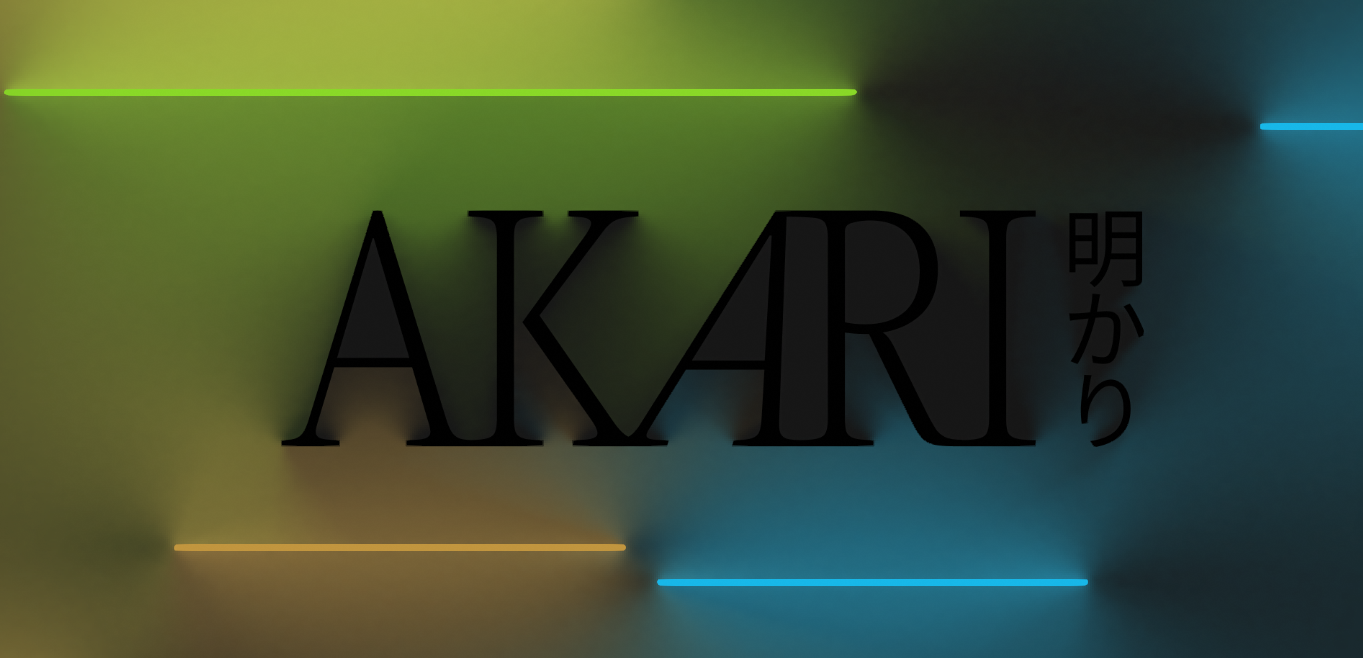 Akari’s website features a shimmering background of different neon lights behind the word “AKARI,” followed by Japanese kanji.