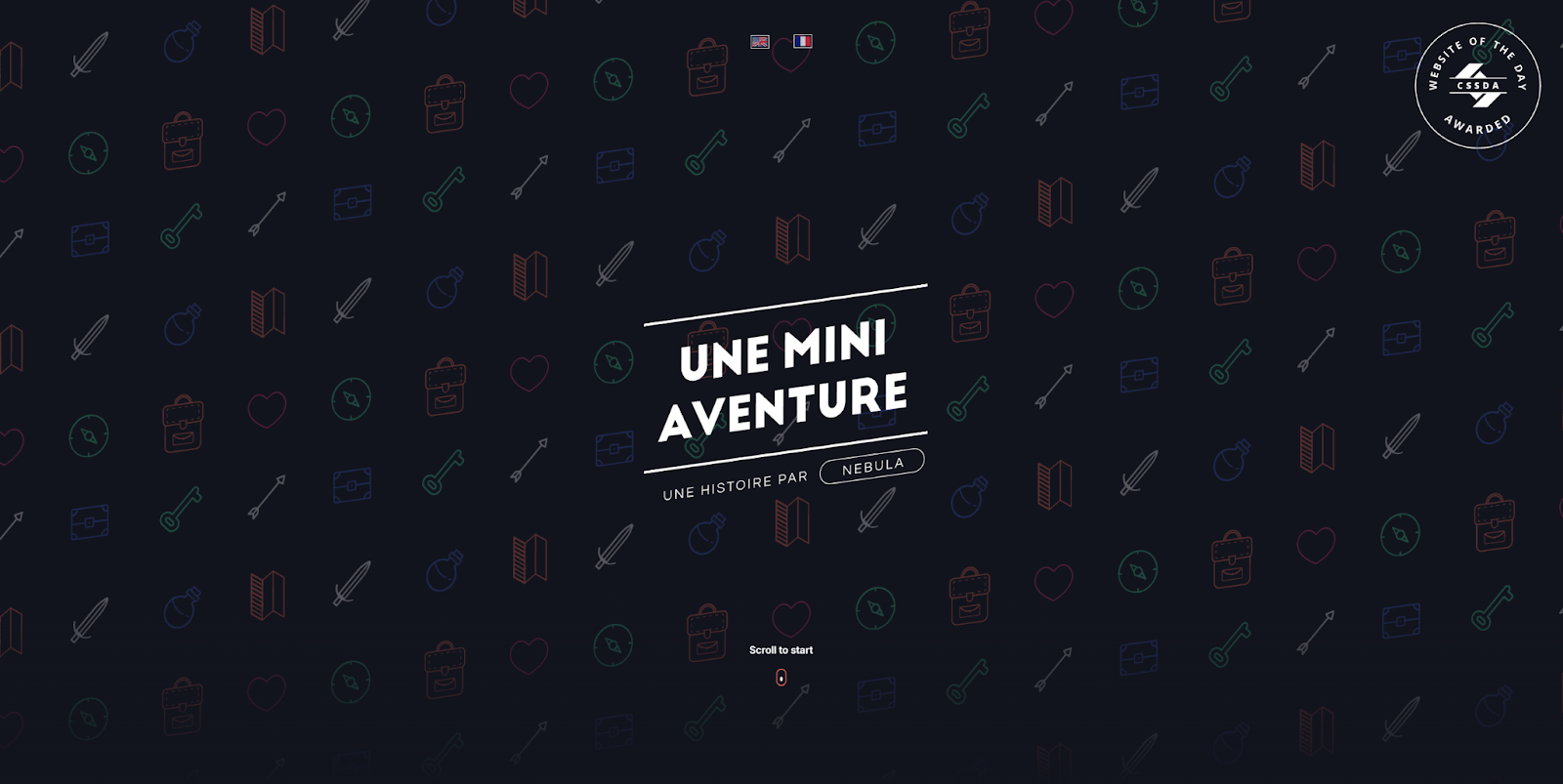 The homepage for A Tiny Adventure has a background with various icons and the words “Une Mini Aventure.”
