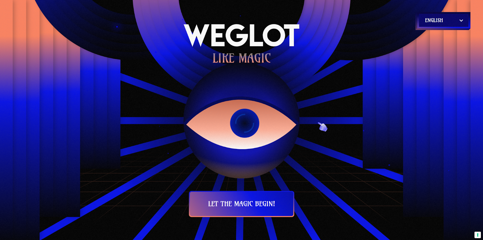 The Weglot Like Magic! website starts with an image of a blue eye above a button that says “Let the Magic Begin.”