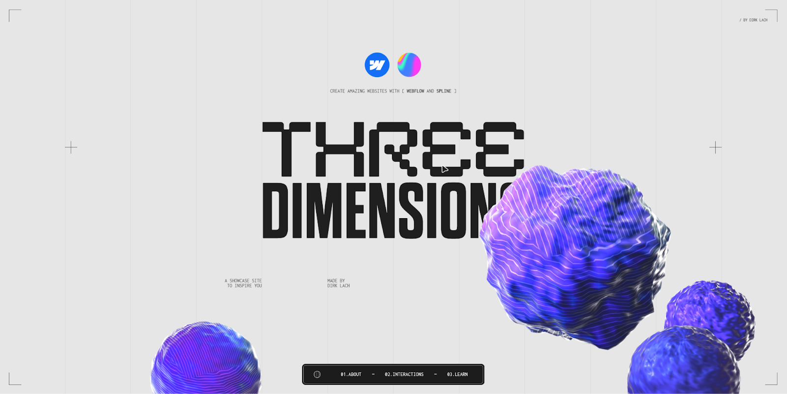 The Three Dimensions website features several amorphous orbs floating around the screen.