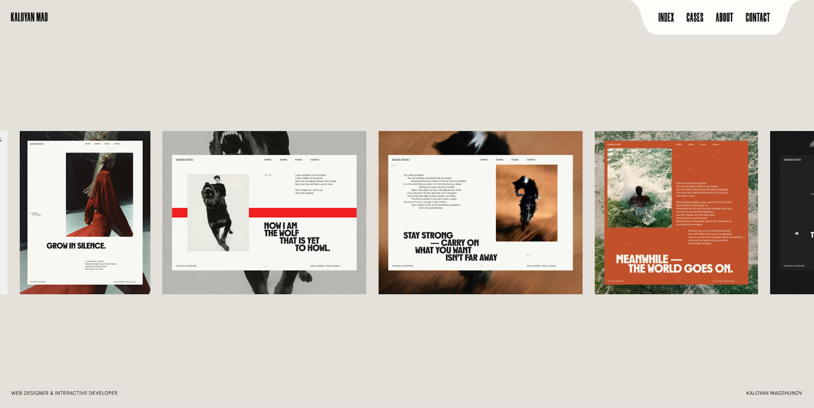 Kaloyan Madzhunov’s portfolio features a gallery of their previous work scrolling horizontally.