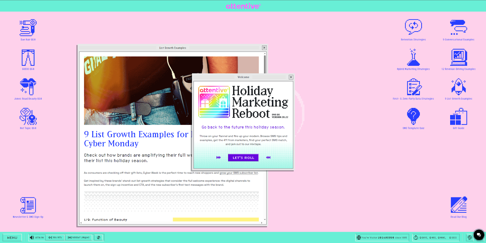 The Attentive holiday marketing reboot page resembles a retro desktop with a window in the center announcing a holiday marketing reboot.