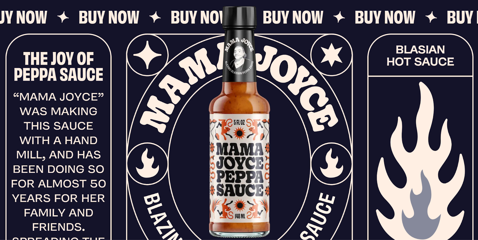 The Mama Joyce Peppa Sauce homepage features an image of a hot sauce bottle surrounded by several images and headlines encouraging visitors to buy it.