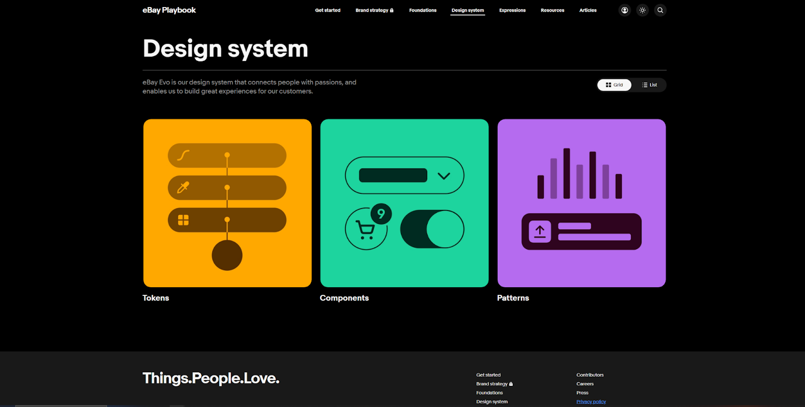 The eBay Playbook design system is divided into three categories: Tokens, Components, and Patterns.