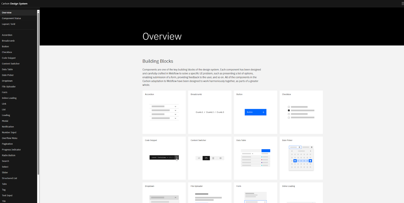 The homepage for the Carbon Design System begins with a section listing all its building blocks.
