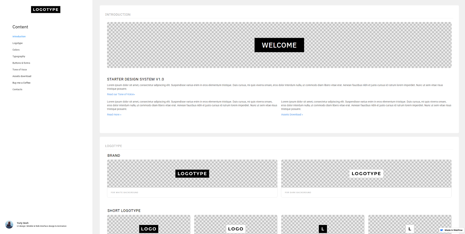 The Starter Design System begins with a welcome page that lists branding components.