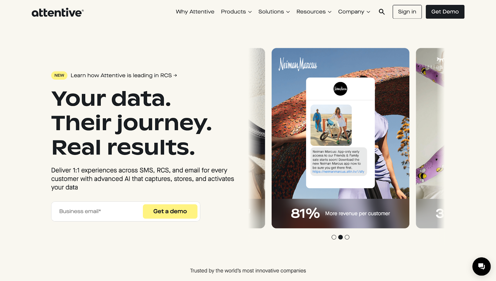 A screenshot of Attentive’s homepage with a header, navigation menu, CTA buttons, and multimedia.