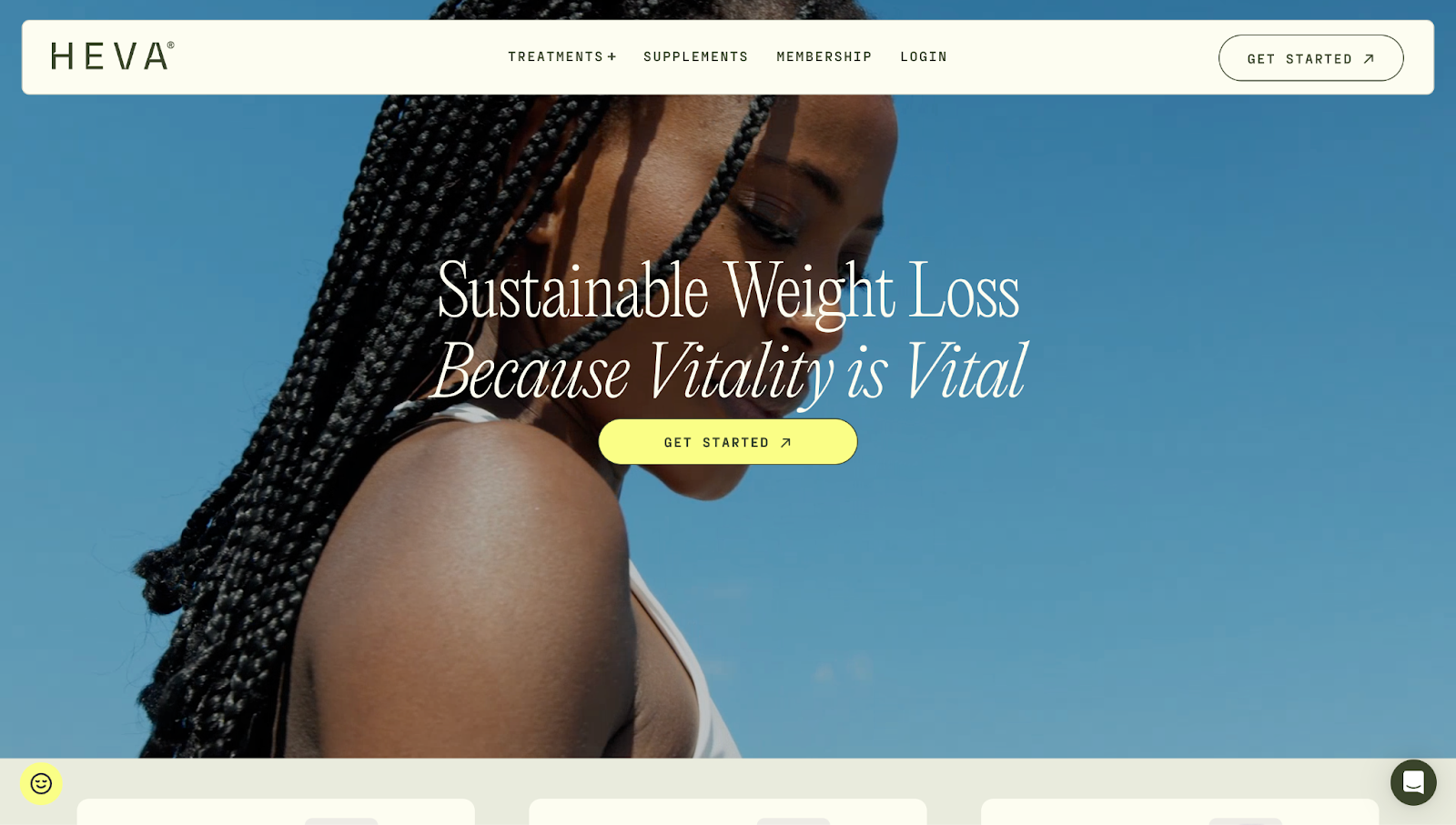 A screenshot of Heva Health’s homepage with a header image, text, and a CTA button.