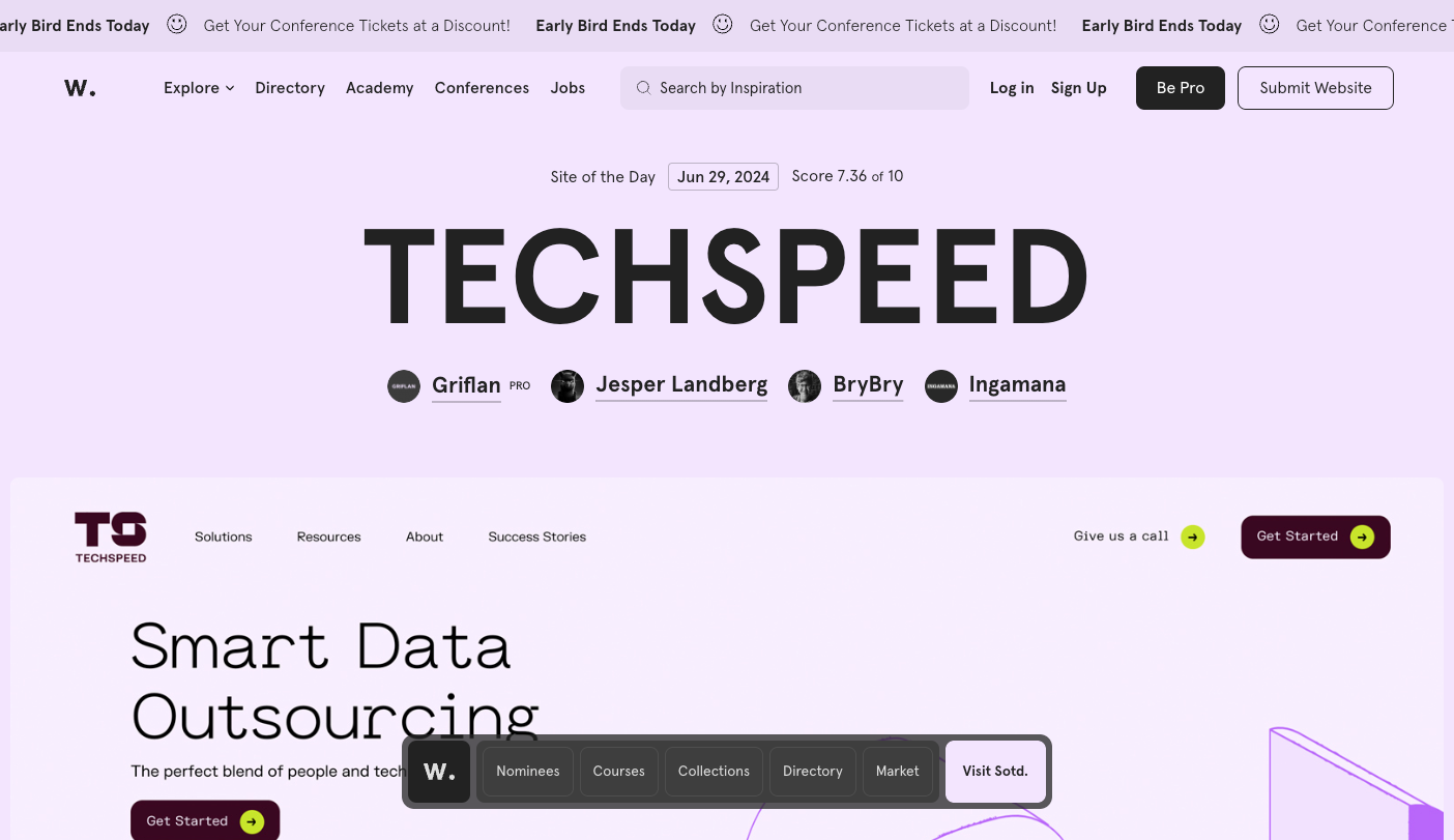 Screenshot of Awwwards' homepage, featuring the site of the day TECHSPEED