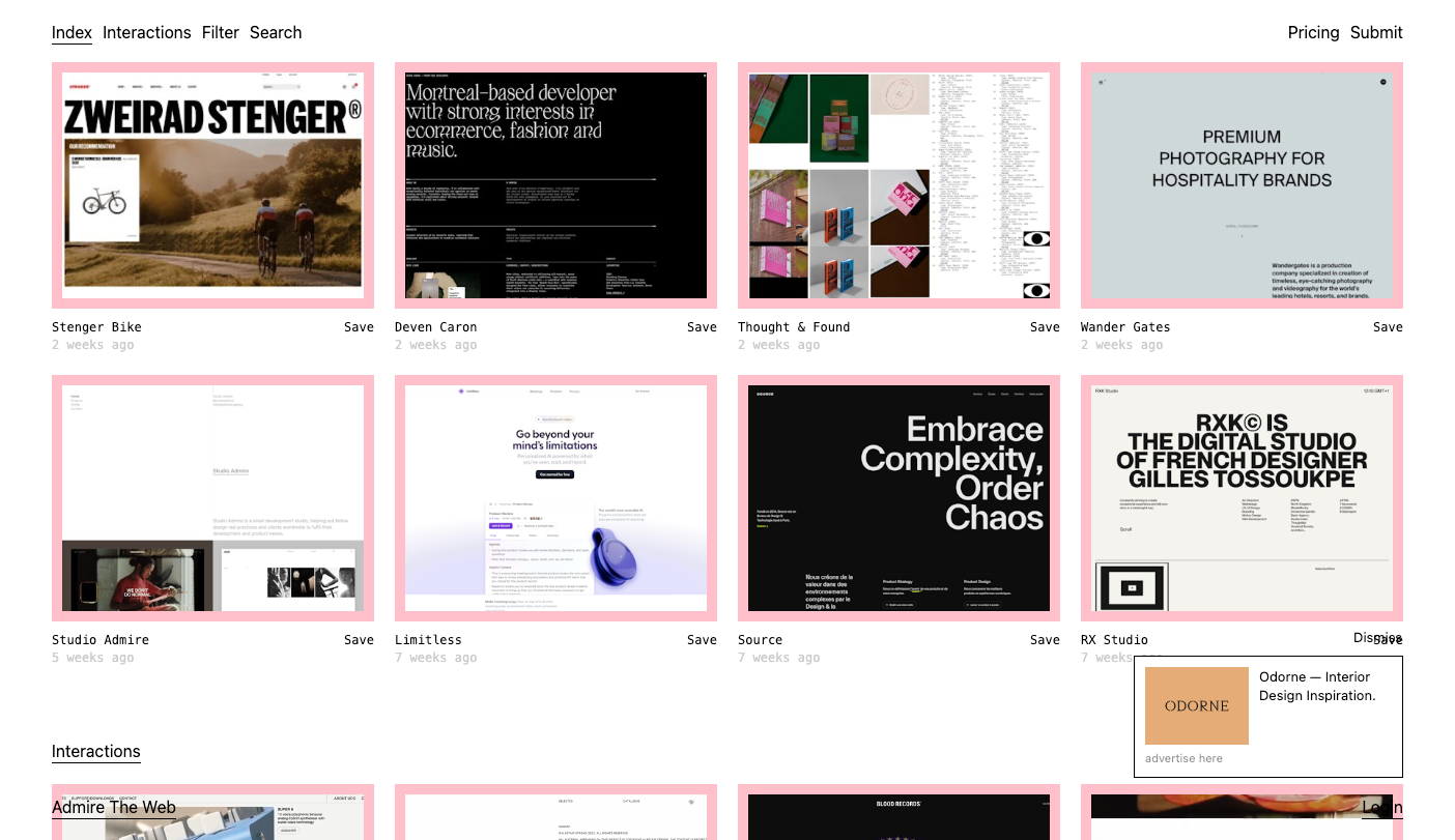Screenshot of Admire The Web's homepage.