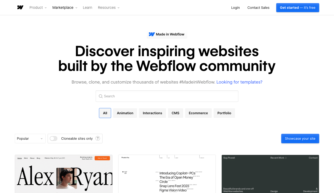 Screenshot of Made in Webflow's homepage.