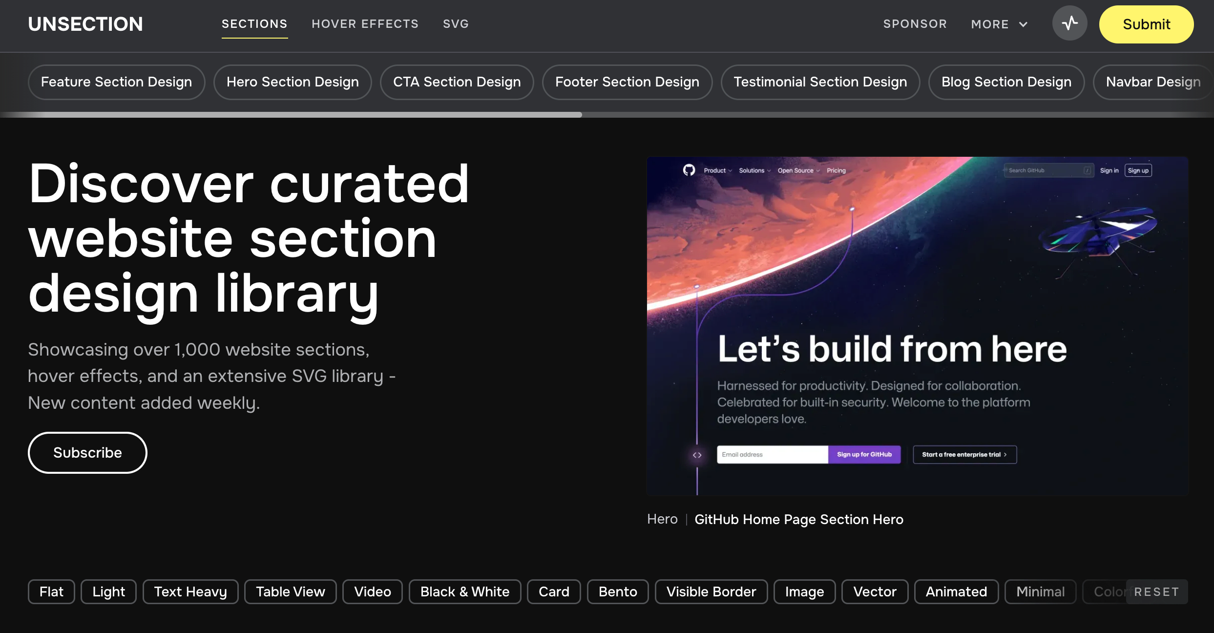 Unsection's homepage with the headline: Discover curated website section design library