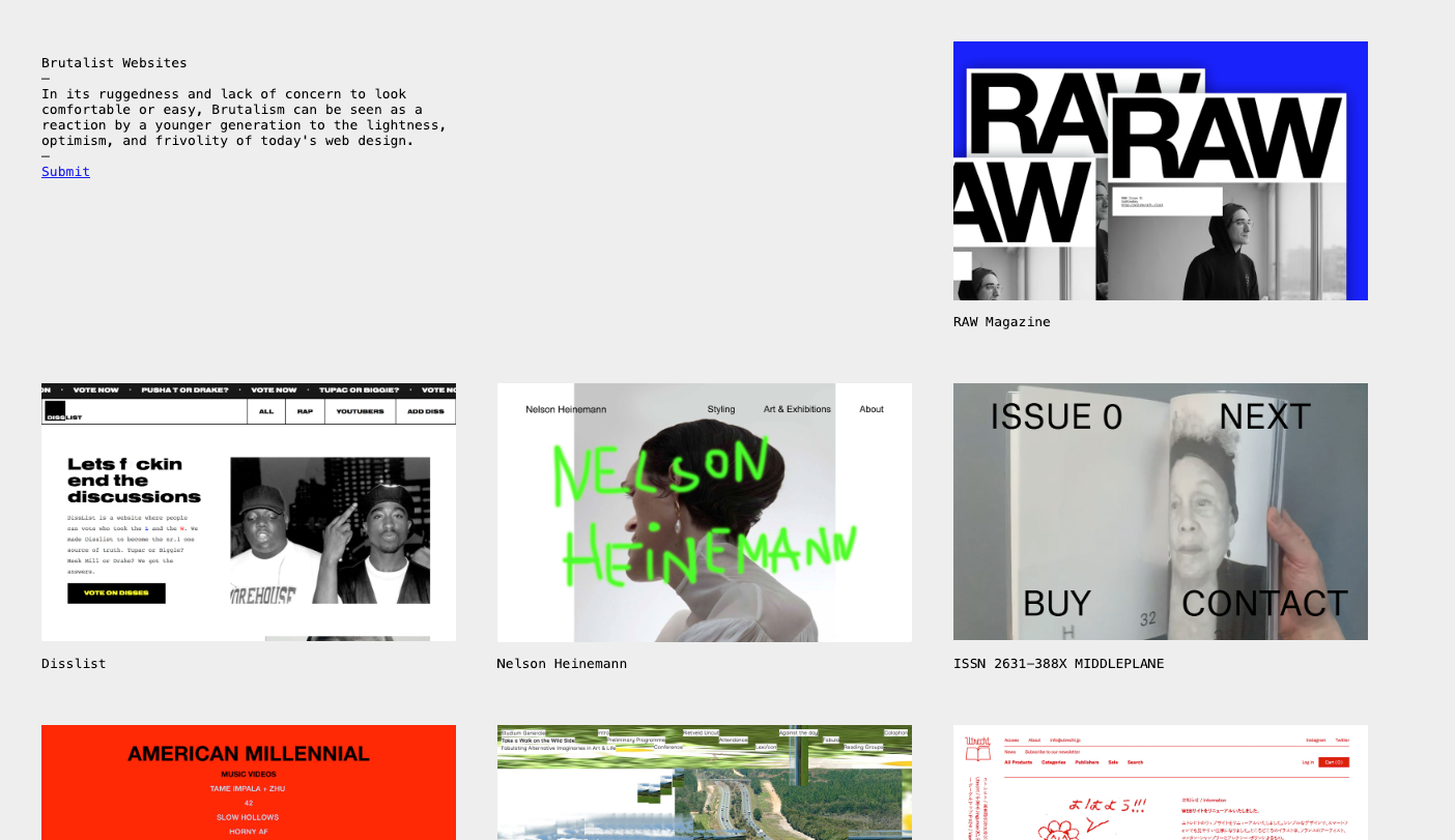 Screenshot of Brutalist Website's homepage.
