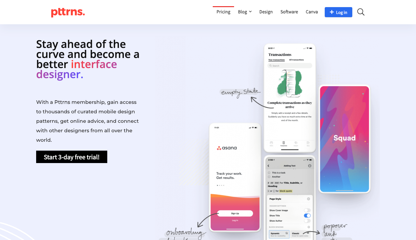 Screenshot of Pttrns' homepage.