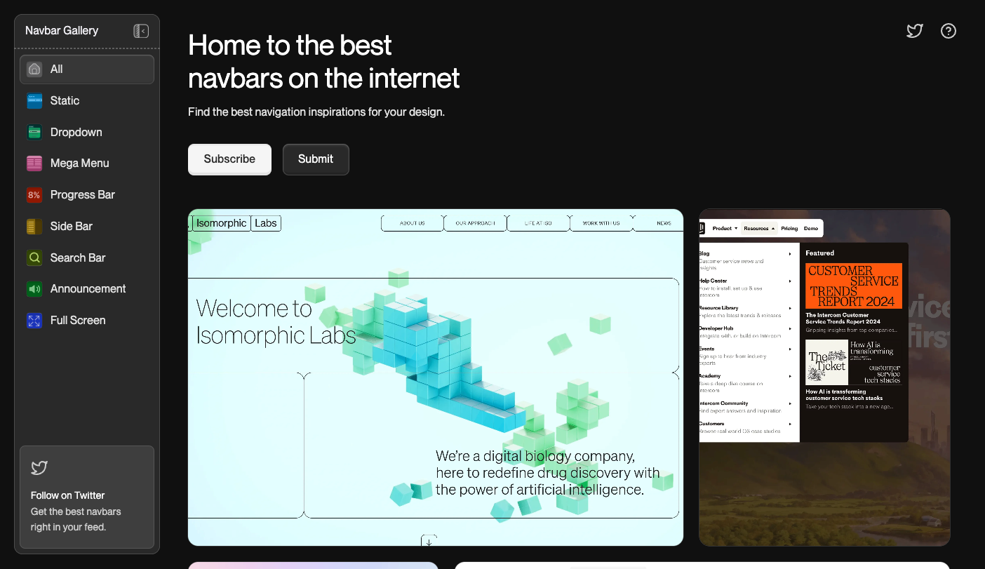 Screenshot of Navbar Gallery's homepage.