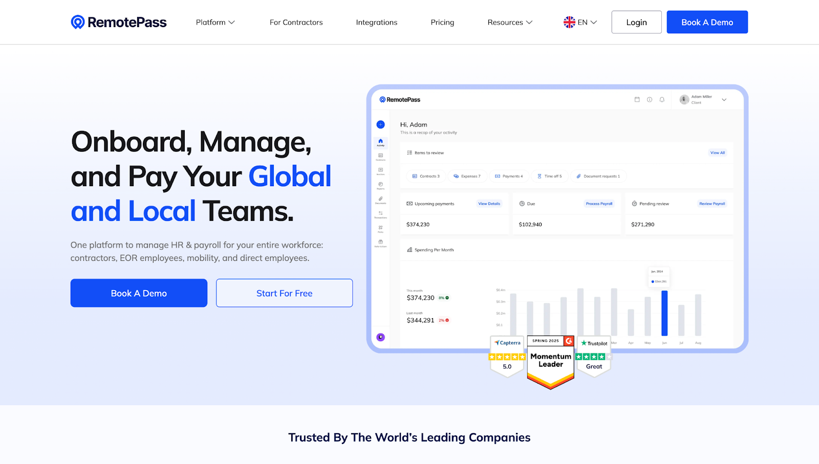 A screenshot of RemotePass’ business website showing a heading, CTA buttons, and visuals of the tool in action.