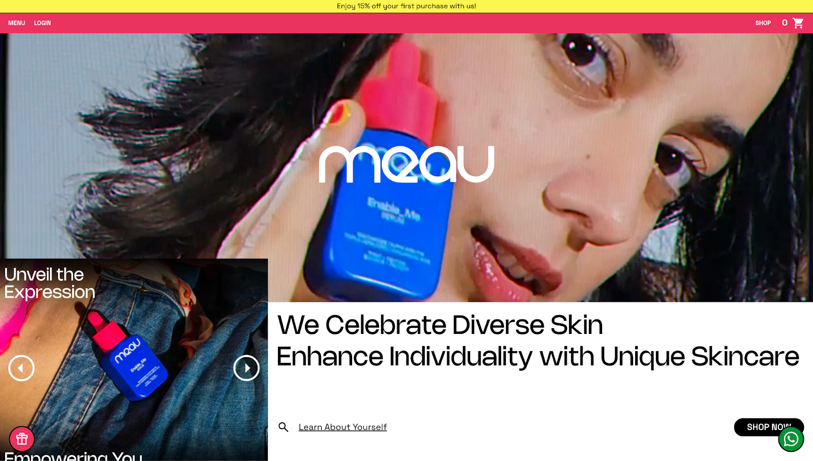 A screenshot of Meau’s e-commerce website showing embedded header videos and a heading.