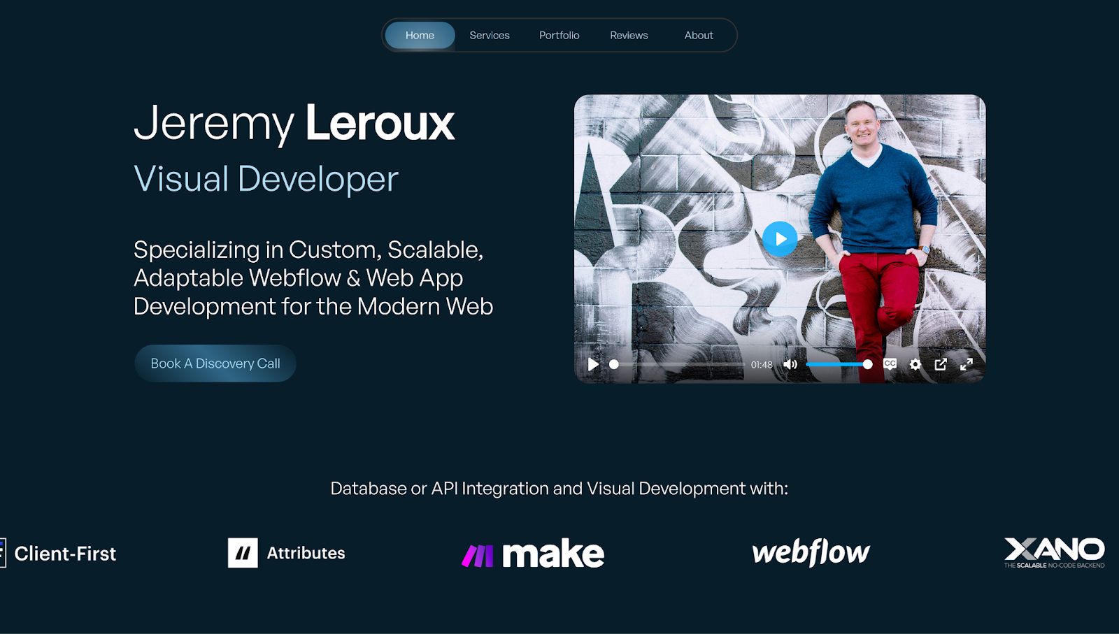 A screenshot of Jeremy Leroux’s portfolio website showing an embedded video, a heading, a description, and client logos.