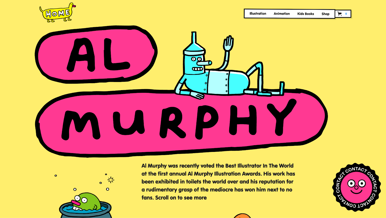 A screenshot of Al Murphy’s personal website showing his name and a description surrounded by illustrations.