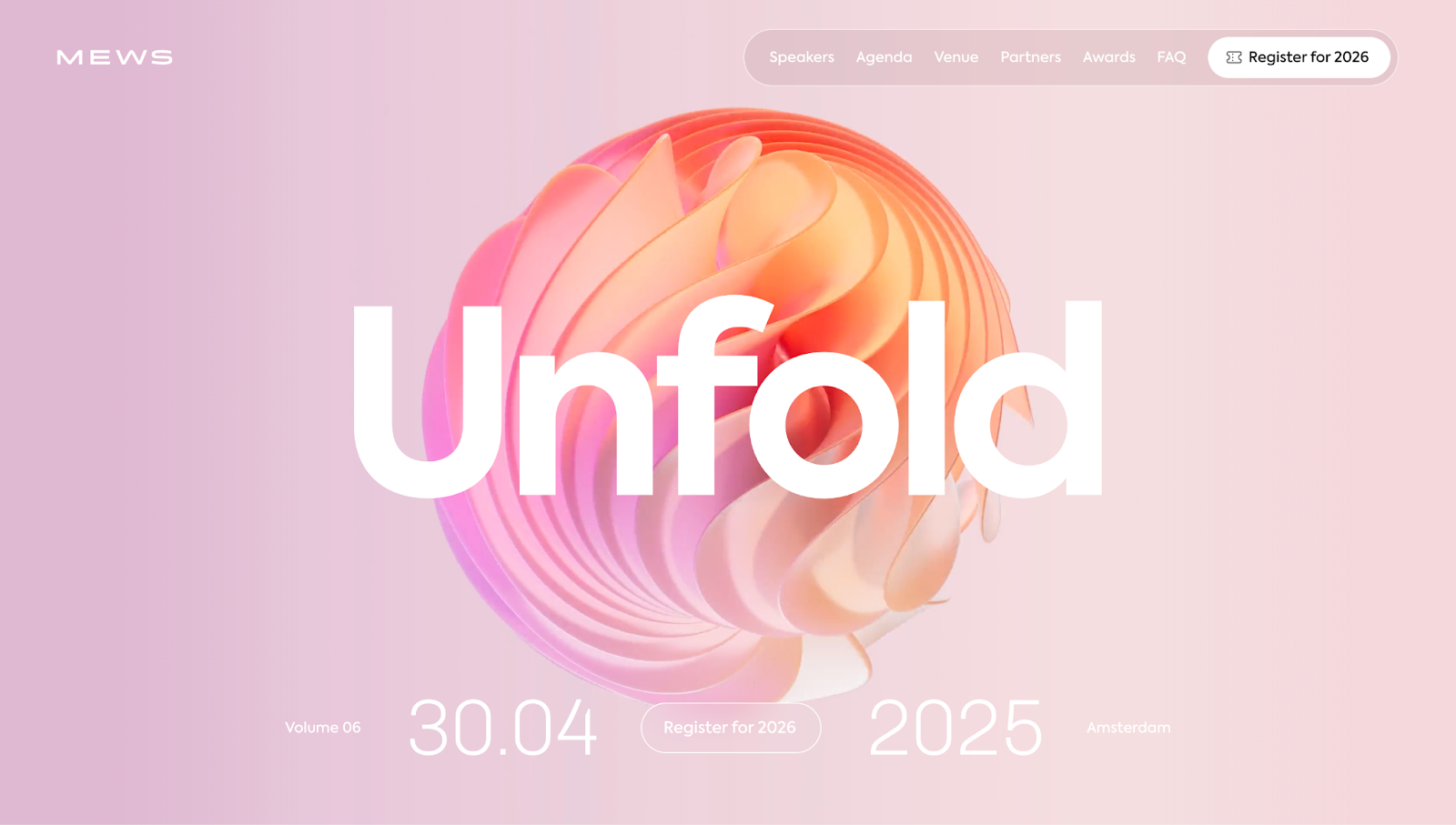 A screenshot of Mews’ Unfold event website showing a header with an abstract shape, a CTA button, and the event date.