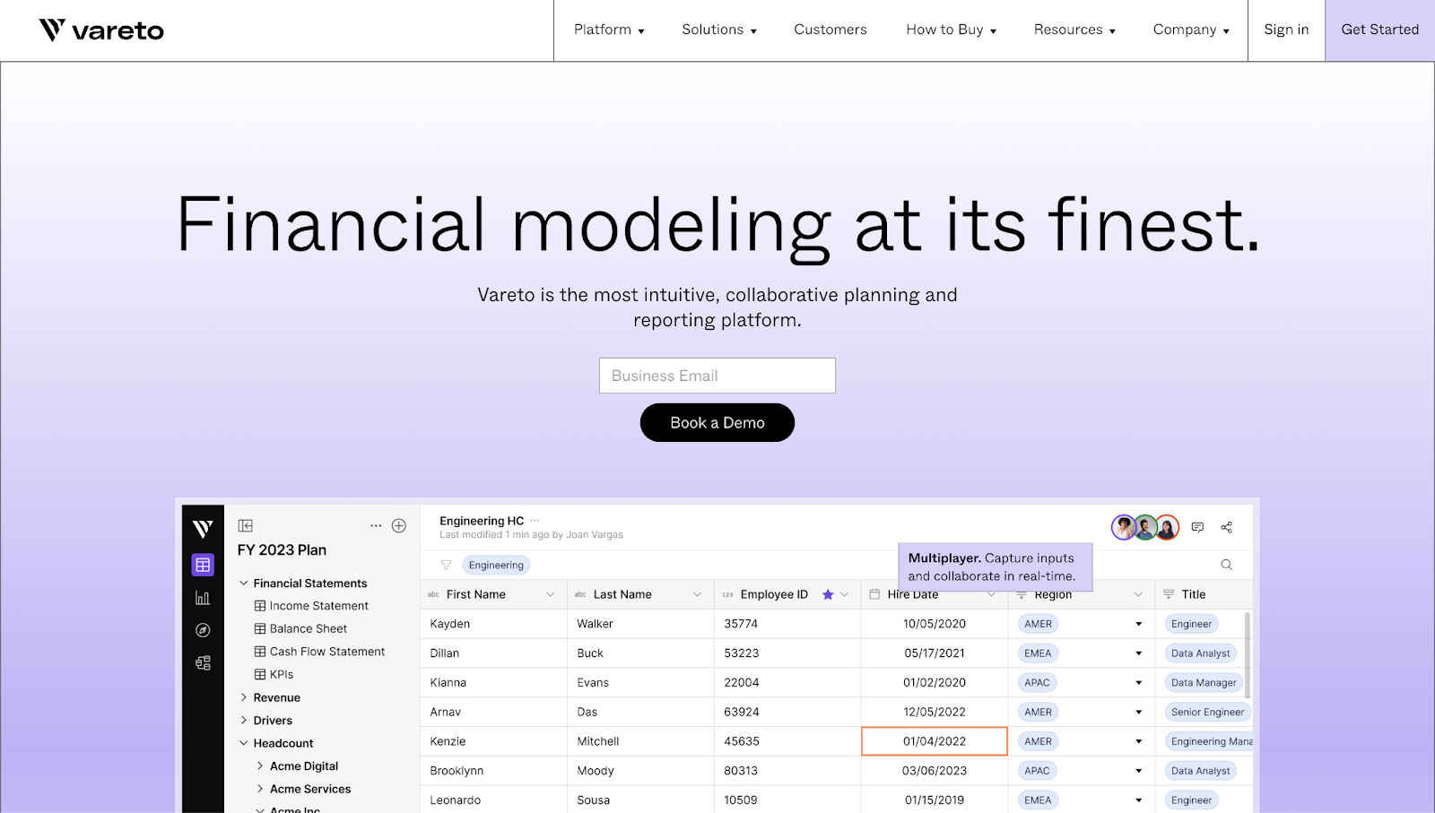 A screenshot of Vareto’s startup website showing header text, a contact form, a CTA button, and a visual of the tool in action.