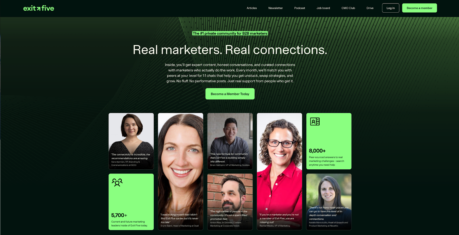 A screenshot of Exit Five’s membership website featuring header text, member testimonials, and a green CTA button on a dark green background.