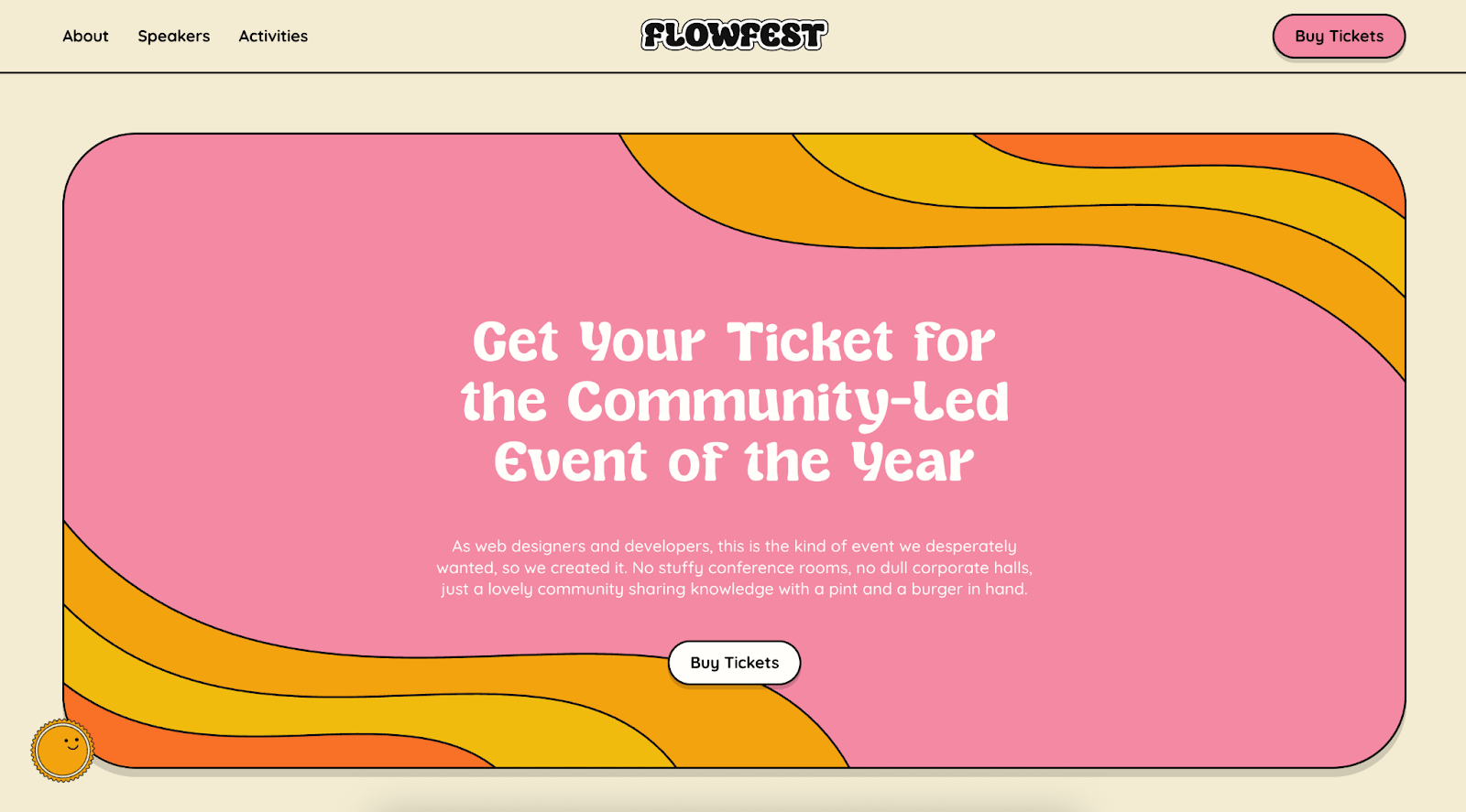 Homepage of Flowfest featuring retro-inspired pink, orange, and yellow waves with bold white text inviting visitors to get tickets for a community-led web design and development event.