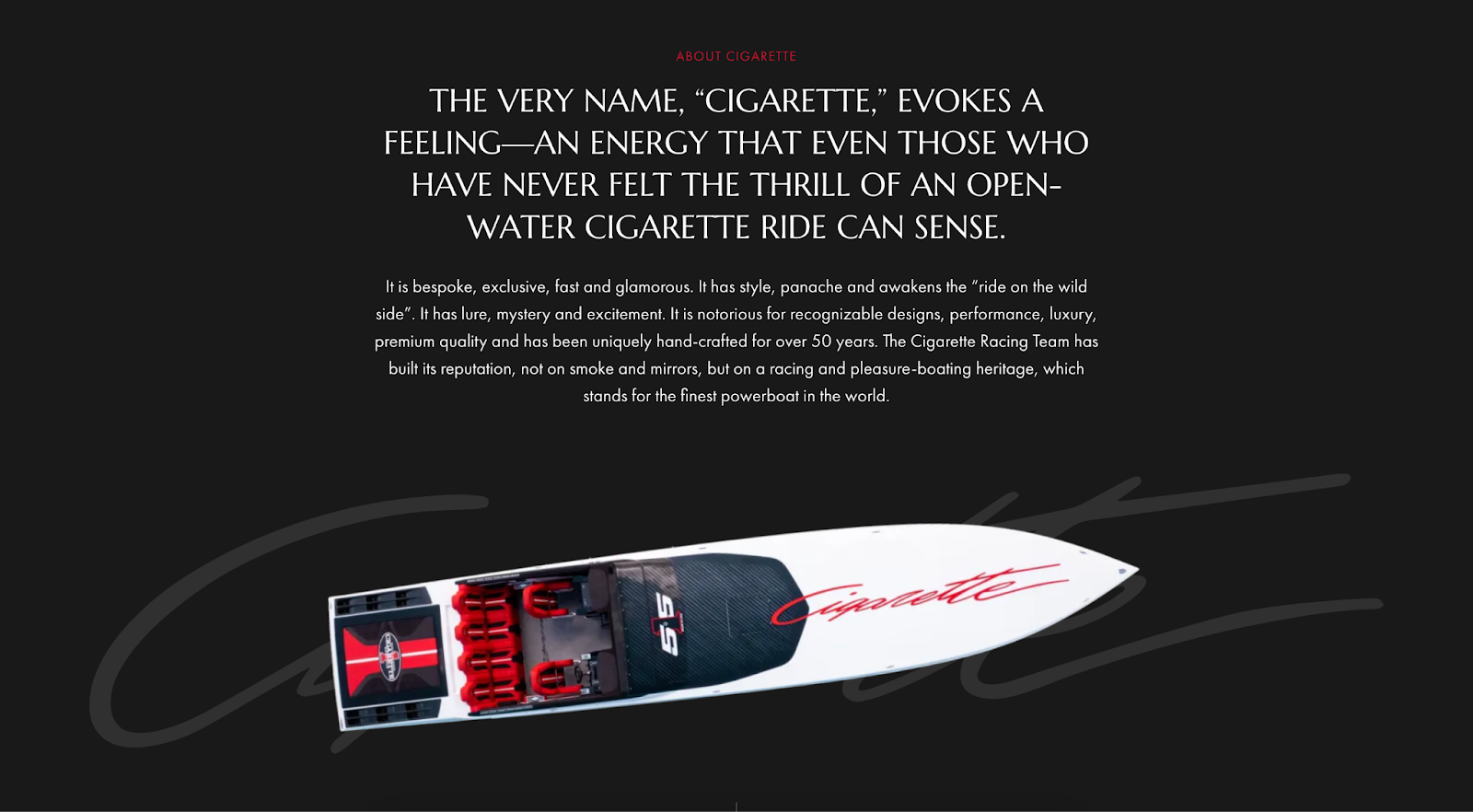 Section from the Cigarette Racing website featuring bold text about the brand’s legacy of speed, style, and handcrafted performance, with a top-down image of a sleek white powerboat labeled “Cigarette.”