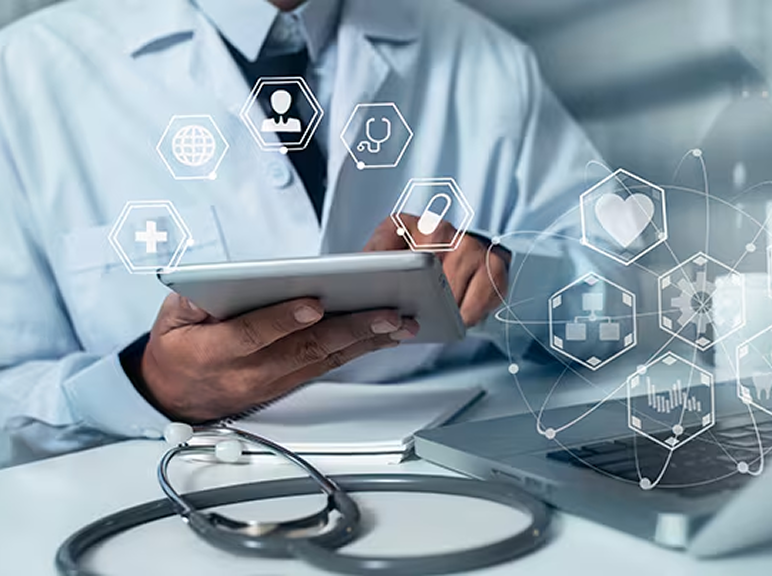 Healthcare team reviewing a digital tablet, representing landing page design and program marketing support through Veewz healthcare marketing services.