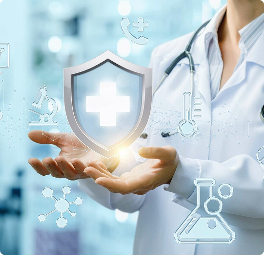 Healthcare professional holding a digital shield with a medical cross, representing secure, modern healthcare marketing services and digital solutions by Veewz.