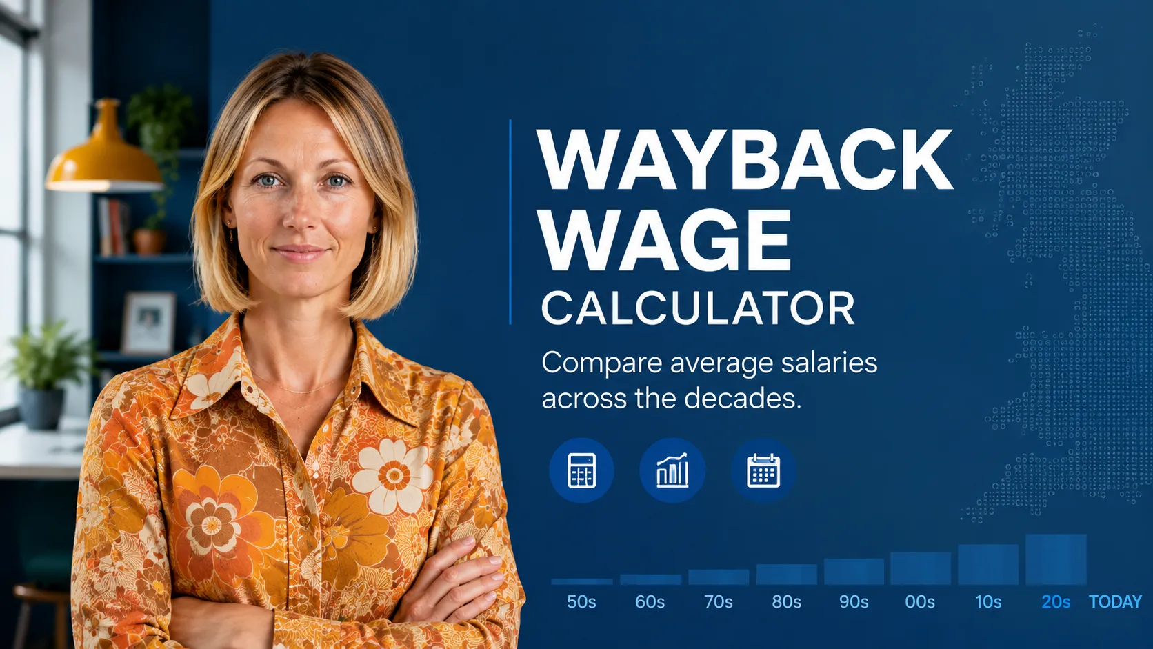 Woman in an orange floral shirt stands with arms crossed next to Wayback Wage salary comparison text.
