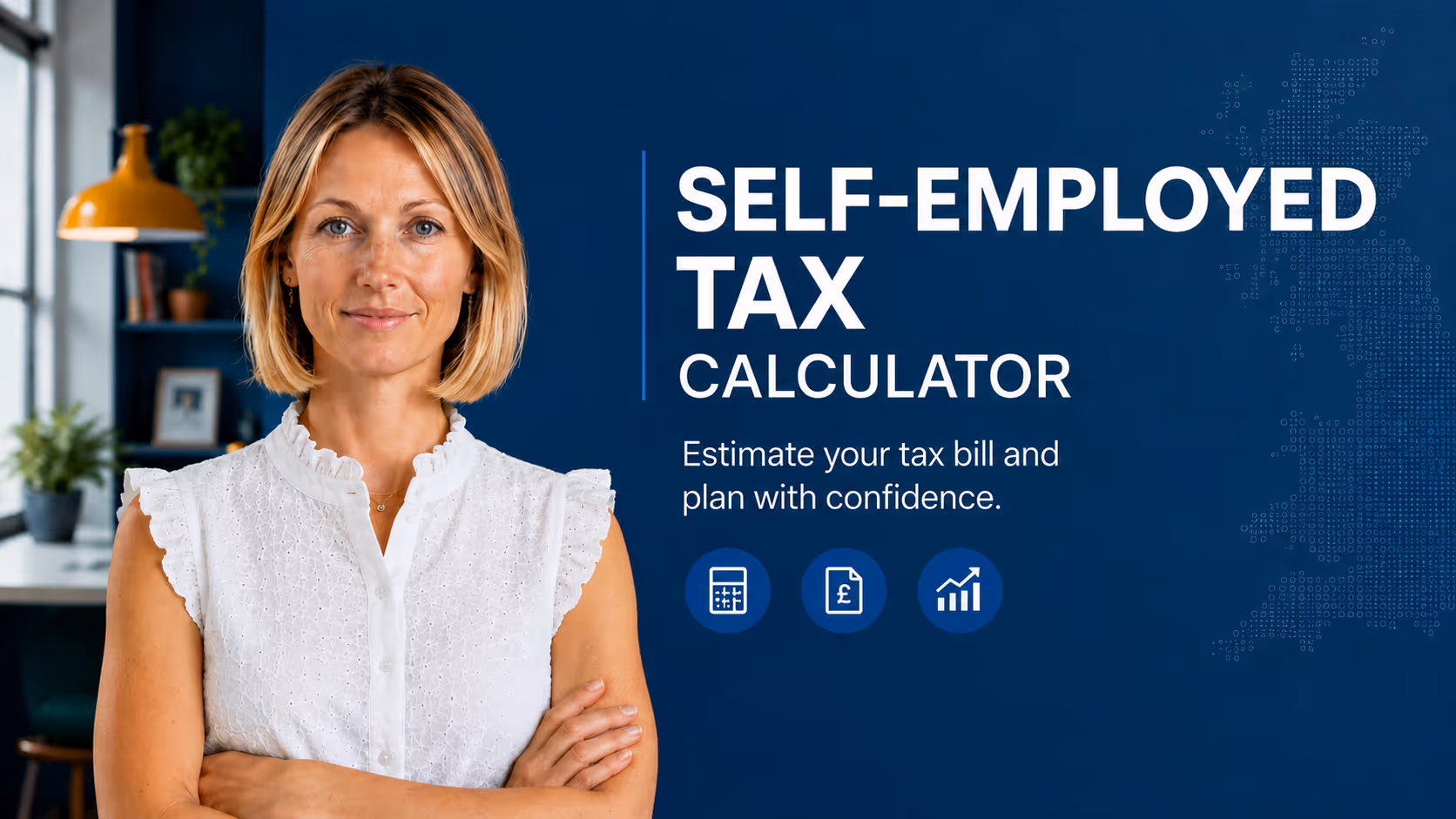 Confident woman in white blouse next to text for self-employed tax calculator and icons on blue background.