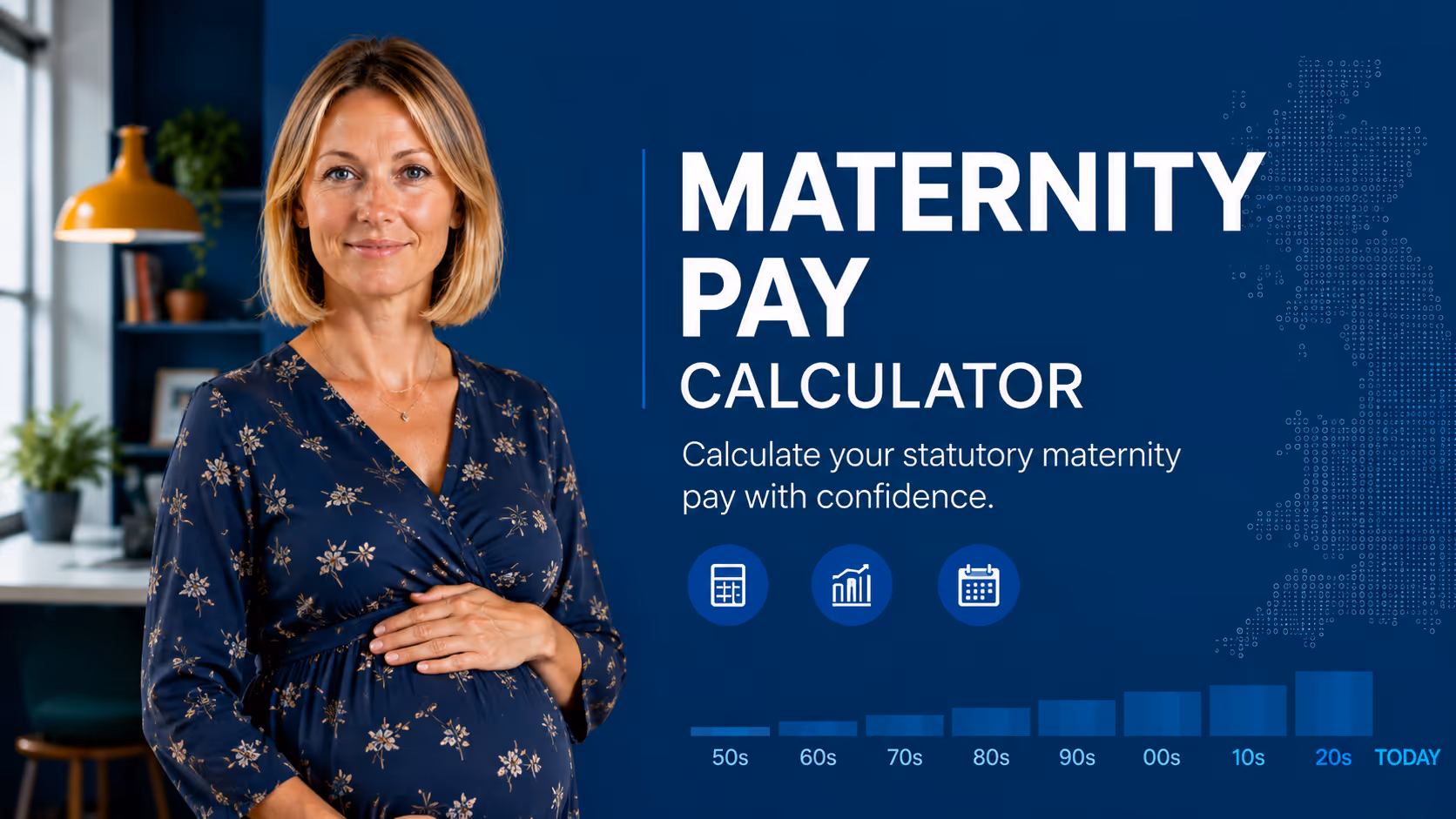 Pregnant woman in floral dress with text about a maternity pay calculator and UK map icons.