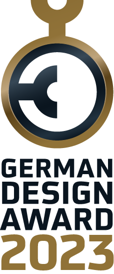 German Design Award 2023 logo with a circular medal design featuring a stylized G in black and gold colors.